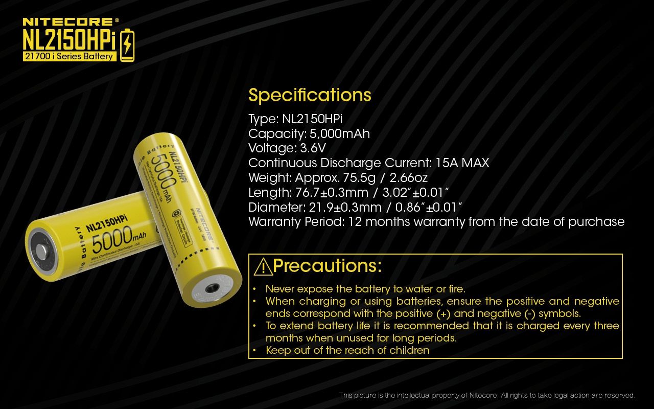NITECORE NL2150HPI 5000mAh 3.6V 18Wh 21700 Li-ion oppladbart batteri høy ytelse for lommelyktbatteri
