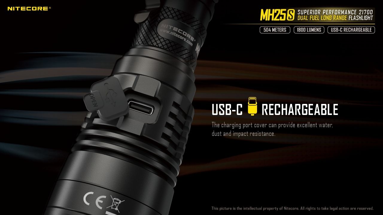 Nitecore MH25S Lommelykt 1800 Lumen USB-C Oppladbar LED Høy Lysstyrke for Utendørseventyr og Reparasjon