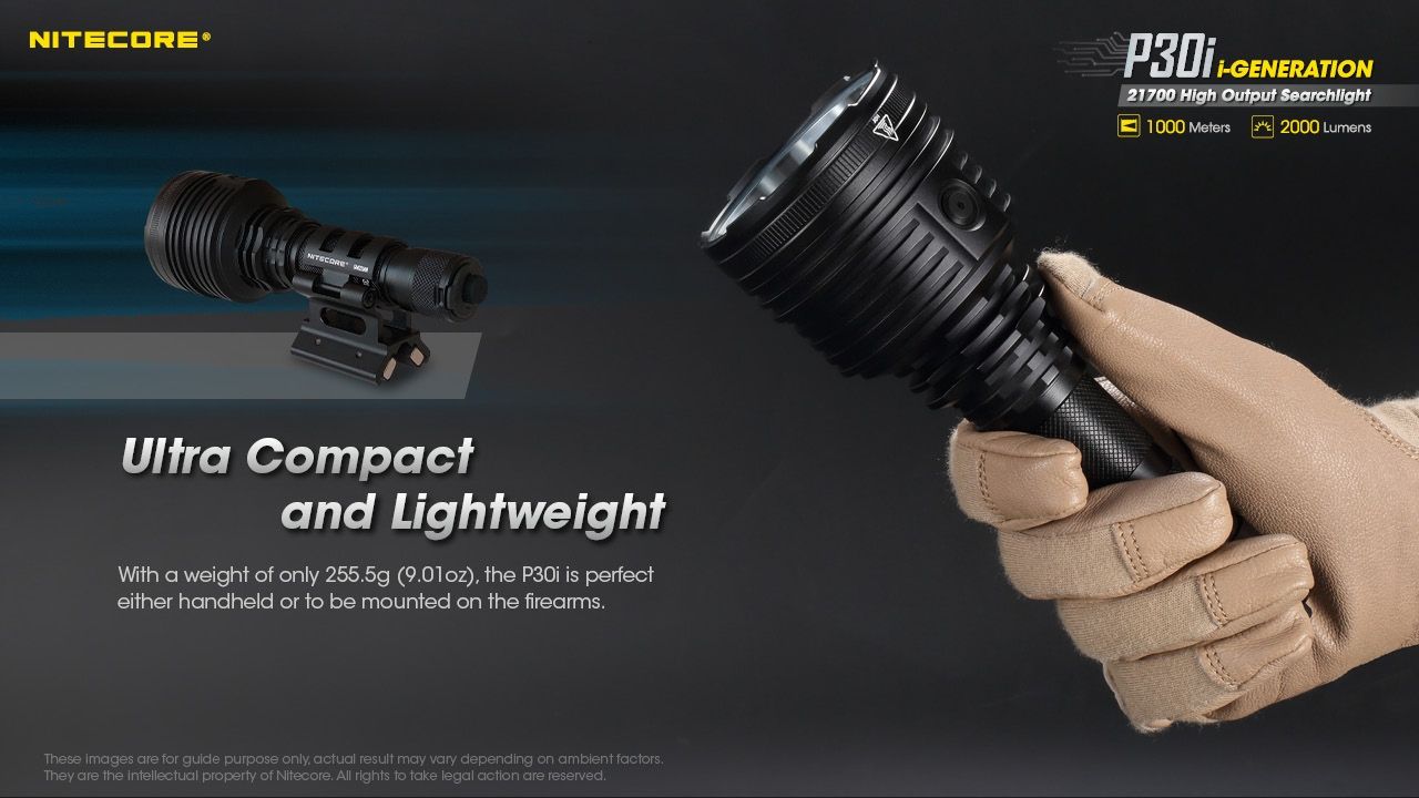 Utforsk Nitecore P30i taktisk lommelykt XHP35 HI LED 2000 lumen med 1000 meters stråle, robust utendørsbelysning