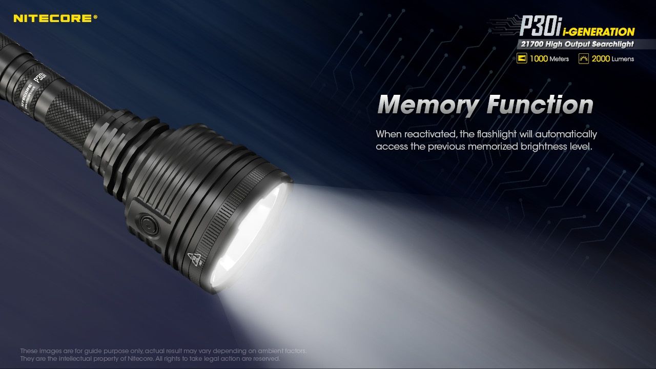 Utforsk Nitecore P30i taktisk lommelykt XHP35 HI LED 2000 lumen med 1000 meters stråle, robust utendørsbelysning
