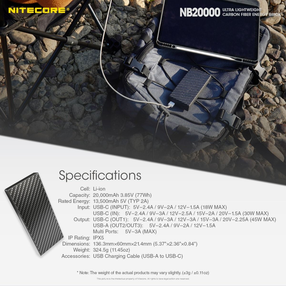 Nitecore NB20000 QC dobbel port 20000mAh powerbank lett hurtiglading USB USB-C smarttelefonlader