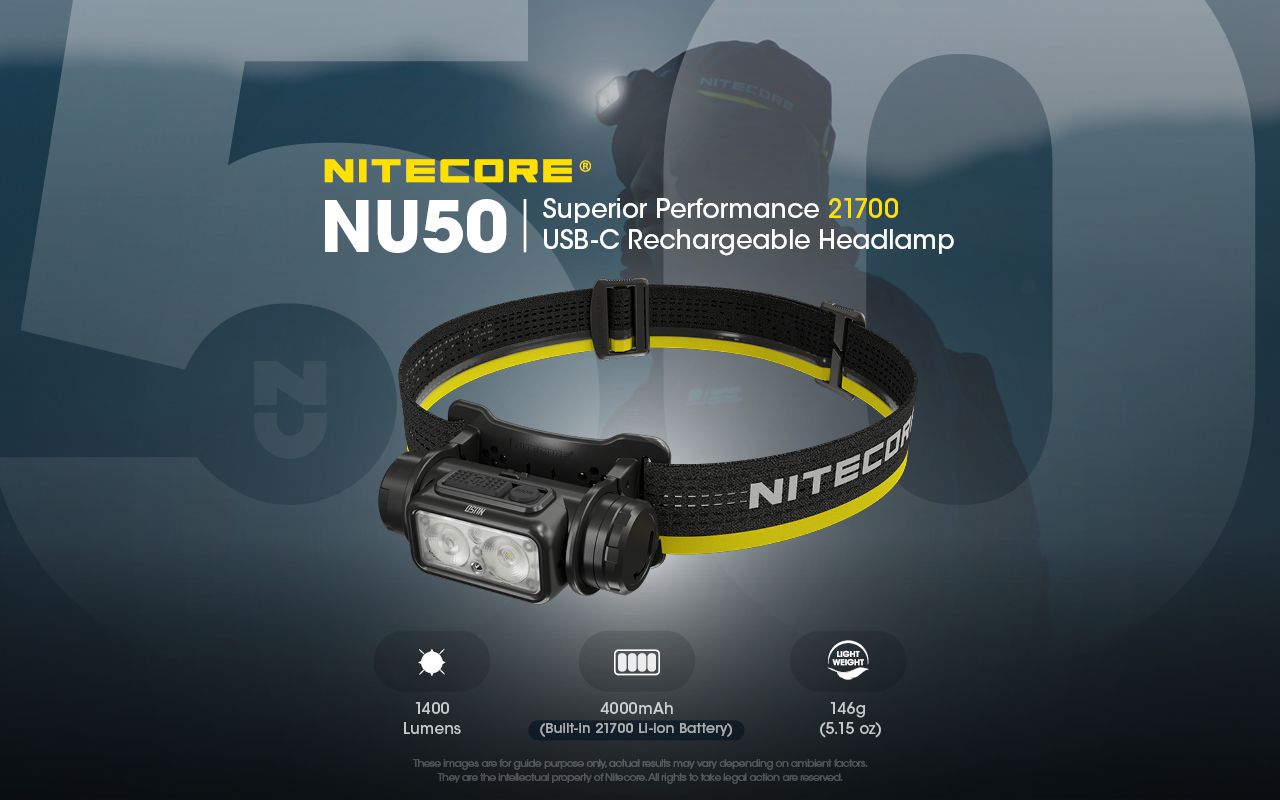 Nitecore NU50 1400 lumen LED-panne for fotturer, lett oppladbar hodelykt med lang driftstid
