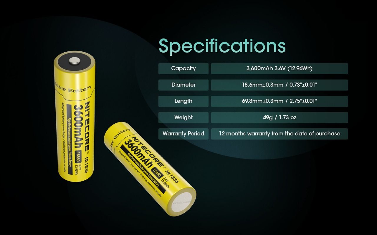 Nitecore 18650 NL1836 3600mAh Li-ion oppladbart batteri