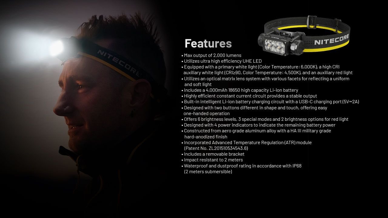 NITECORE HC65 UHE Hodelykt 2000 lumen USB-C oppladbar LED hodelykt for camping fotturer lang batterilevetid