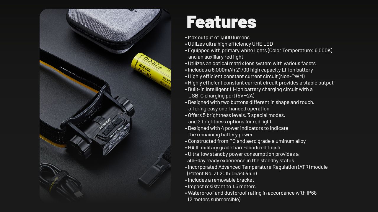 NITECORE HC70 UHE USB-C oppladbar arbeidshodelykt 1600 lumen robust konstruksjon for utendørseventyr og arbeidsplasser