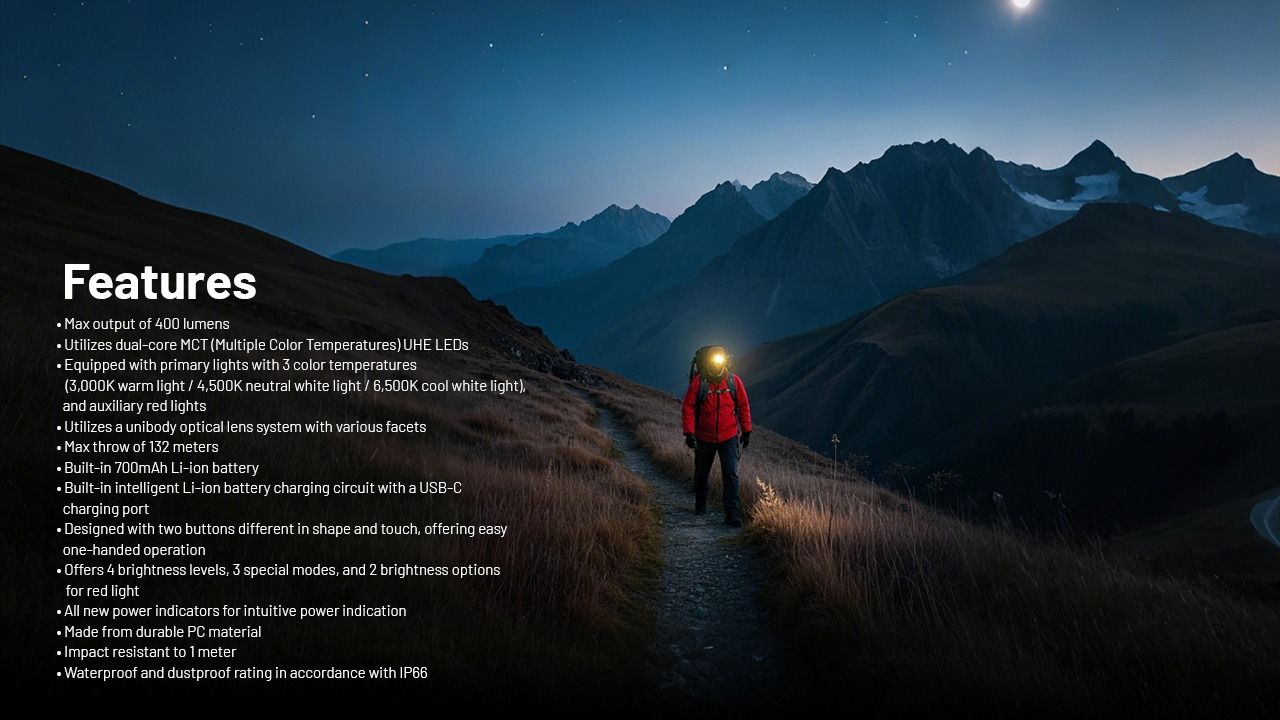NITECORE NU25 MCT LED Hodelykt 400 lumen USB-C oppladbar lett turutstyr for friluftsentusiaster
