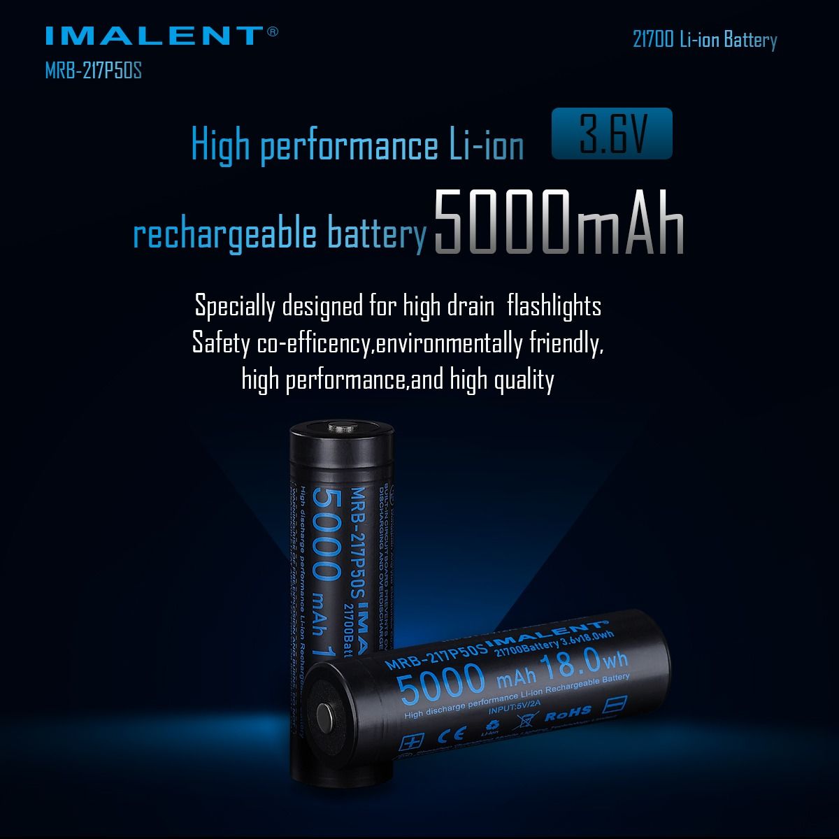IMALENT MRB-217P50S 21700 Oppladbart Li-ion Batteri 5000mAh 3.6V | Høy Ytelse, Lang Levetid, LED Lommelykt
