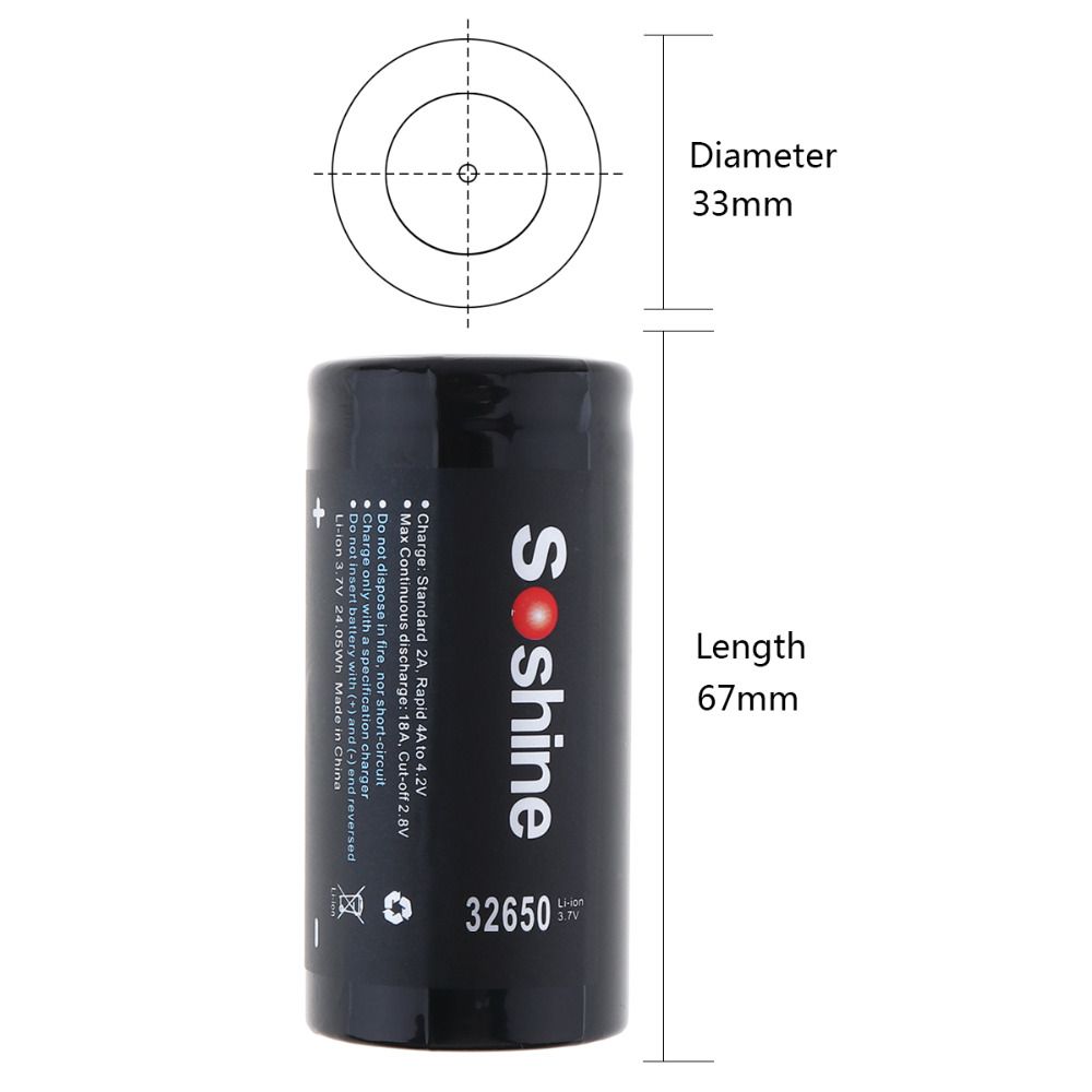 Soshine 6500mAh 3.7V 32650 Litium oppladbart batteri Høy energitetthet Lang levetid for verktøy og dingser