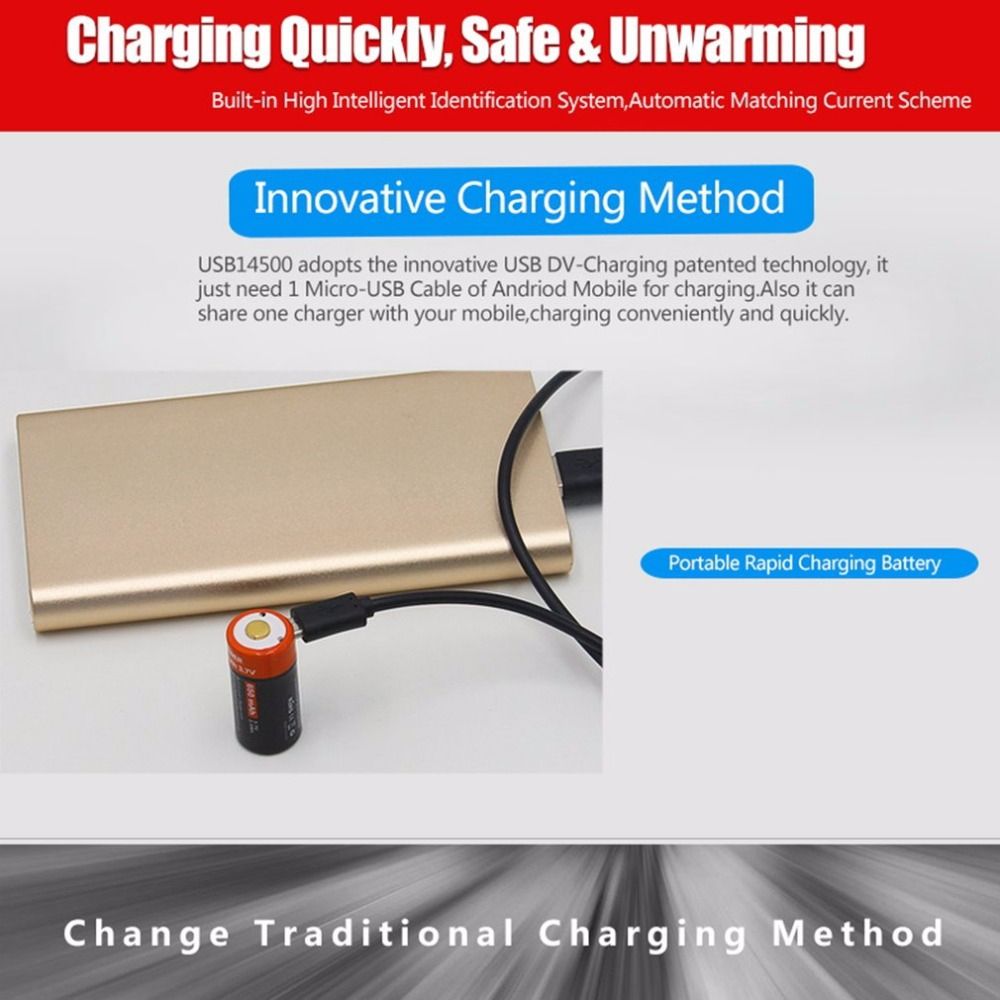 16340 650mAh 3.7V Mikro-USB oppladbart litium-ion-batteri miljøvennlig langvarig for lommelykter og utstyr