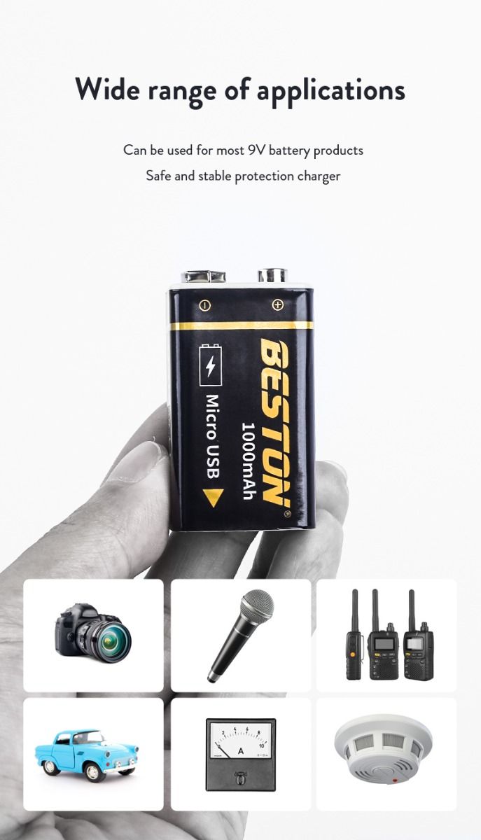 Beston 9V 1000mAh li-ion oppladbart batteri USB lading for RC helikopter mikrofon høy kapasitet og miljøvennlig