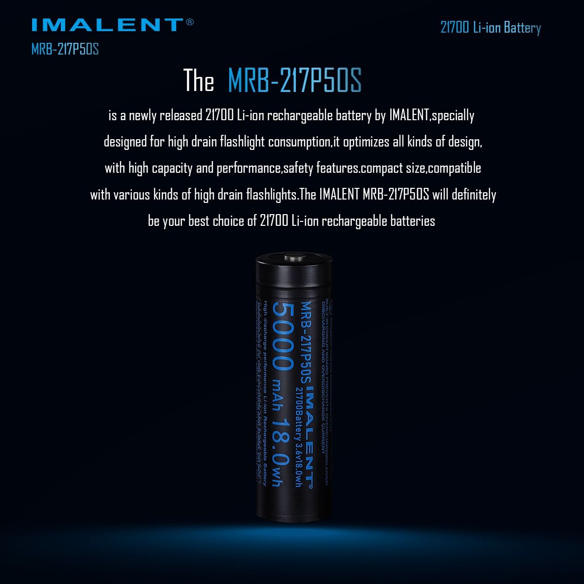 IMALENT MRB-217P50S 21700 Oppladbart Li-ion Batteri 5000mAh 3.6V | Høy Ytelse, Lang Levetid, LED Lommelykt