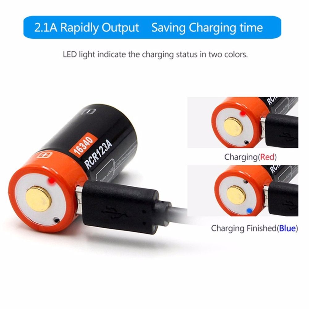16340 650mAh 3.7V Mikro-USB oppladbart litium-ion-batteri miljøvennlig langvarig for lommelykter og utstyr