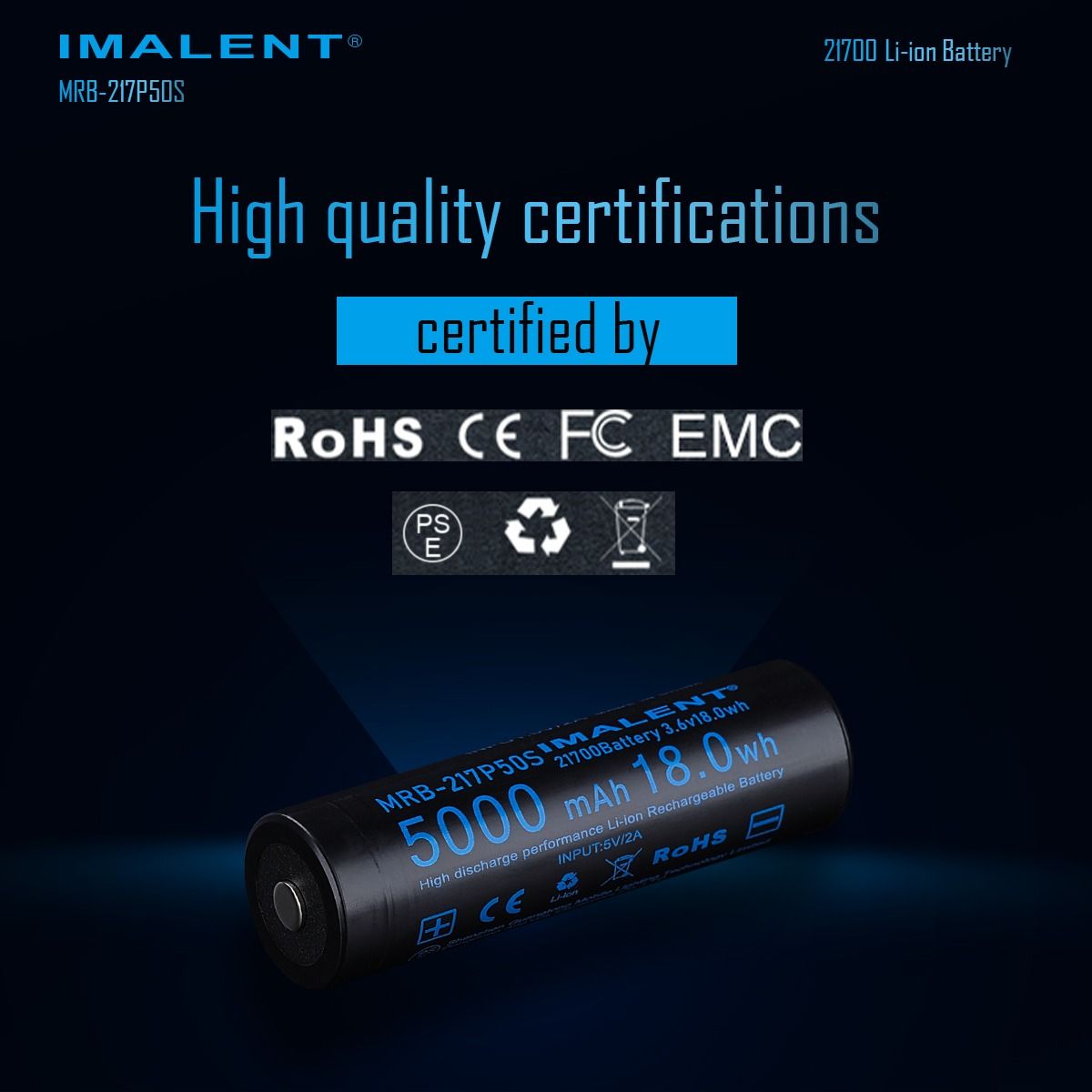 IMALENT MRB-217P50S 21700 Oppladbart Li-ion Batteri 5000mAh 3.6V | Høy Ytelse, Lang Levetid, LED Lommelykt