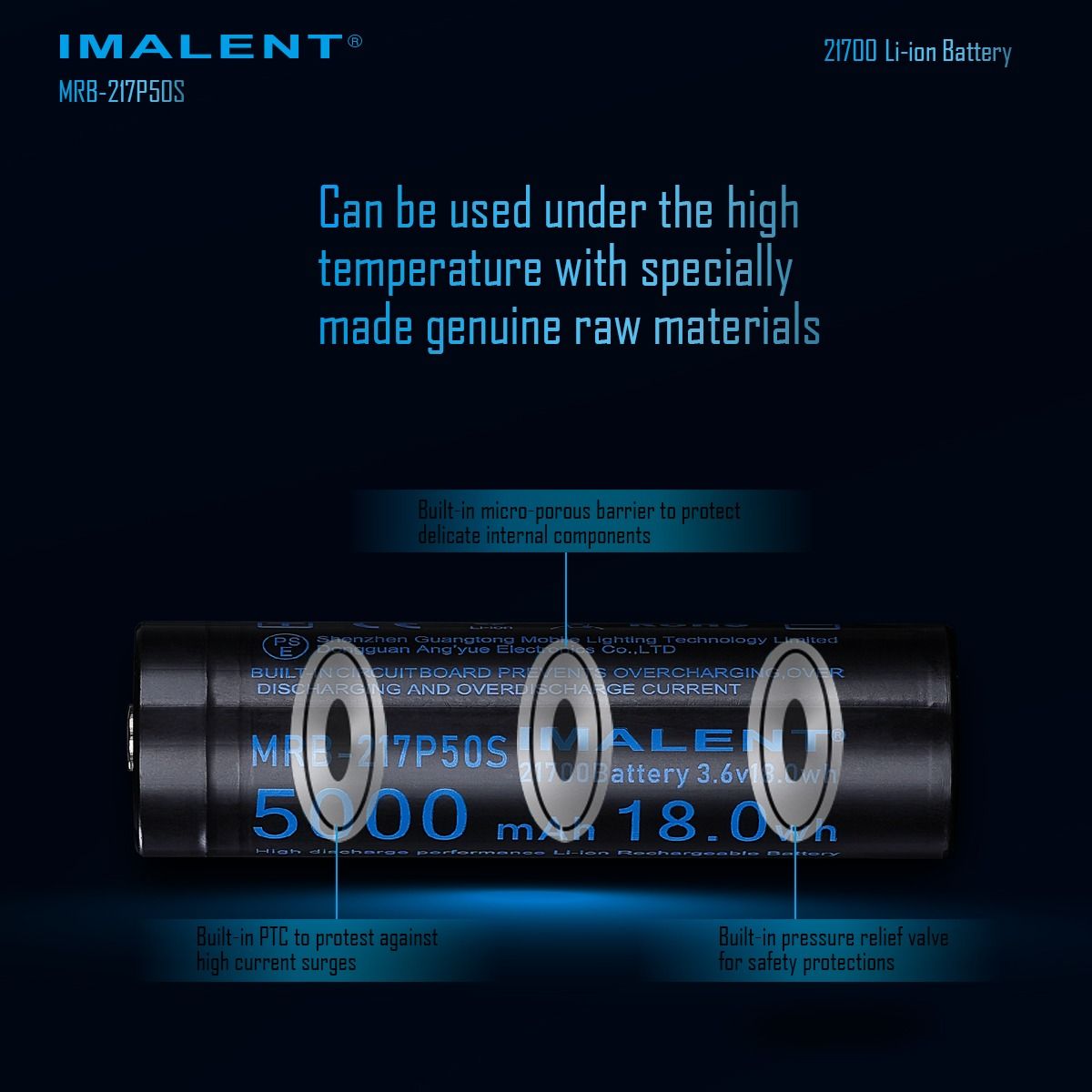 IMALENT MRB-217P50S 21700 Oppladbart Li-ion Batteri 5000mAh 3.6V | Høy Ytelse, Lang Levetid, LED Lommelykt