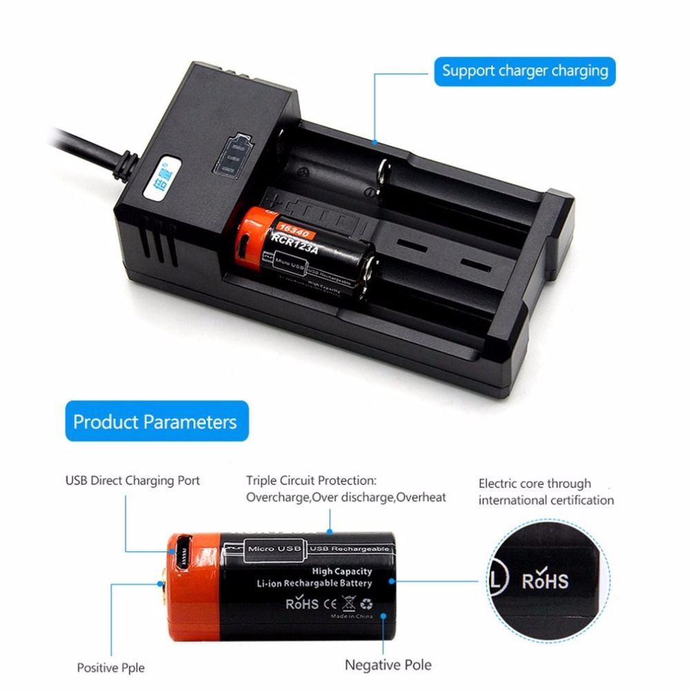 16340 650mAh 3.7V Mikro-USB oppladbart litium-ion-batteri miljøvennlig langvarig for lommelykter og utstyr