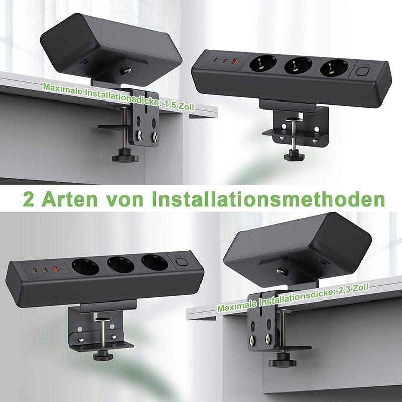Skrivebordsklemme strømstripe, total hurtigladestasjon 18/65W USB hurtiglading europeisk standard stikkontakt, overbelastningsvernbryter, skrivebordsstikkontakt, EU strømforsyning kontormøbler
