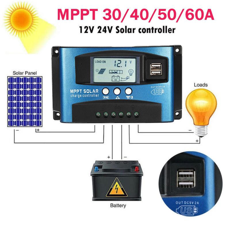 MPPT solcellelader 30A 40A 50A 60A 100A LCD-skjerm Dobbel USB Batterilevetidsforlengelse