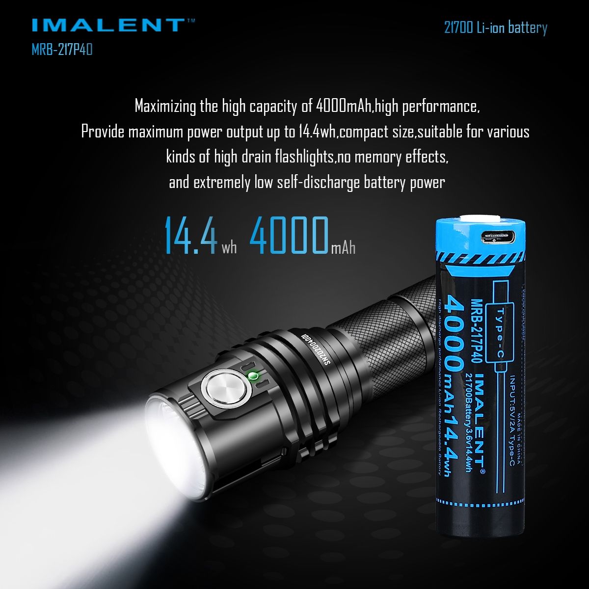 Oppdag IMALENT MRB-217P40 21700 batteri med 4000mAh Type-C oppladbart for kameraer lommelykter gadgets