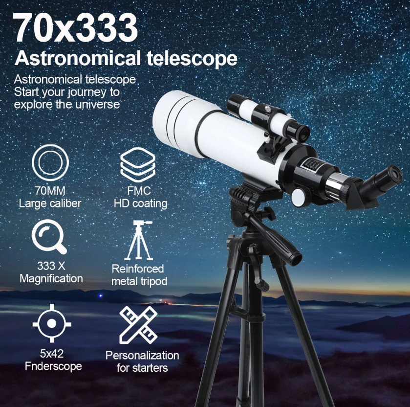 Bossdun 333X Profesjonelt astronomisk teleskop for barn Stort objektiv for måneobservasjon og stjernekikking