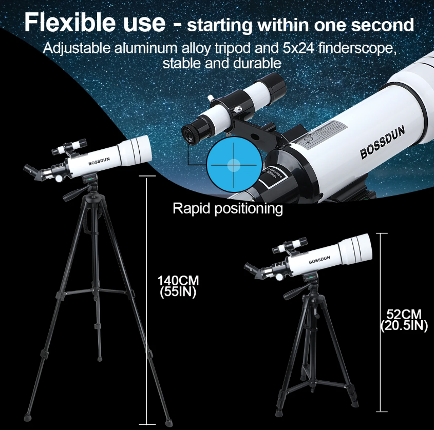 Bossdun 333X Profesjonelt astronomisk teleskop for barn Stort objektiv for måneobservasjon og stjernekikking