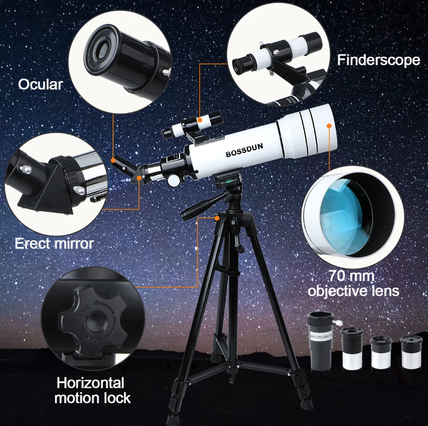 Bossdun 333X Profesjonelt astronomisk teleskop for barn Stort objektiv for måneobservasjon og stjernekikking