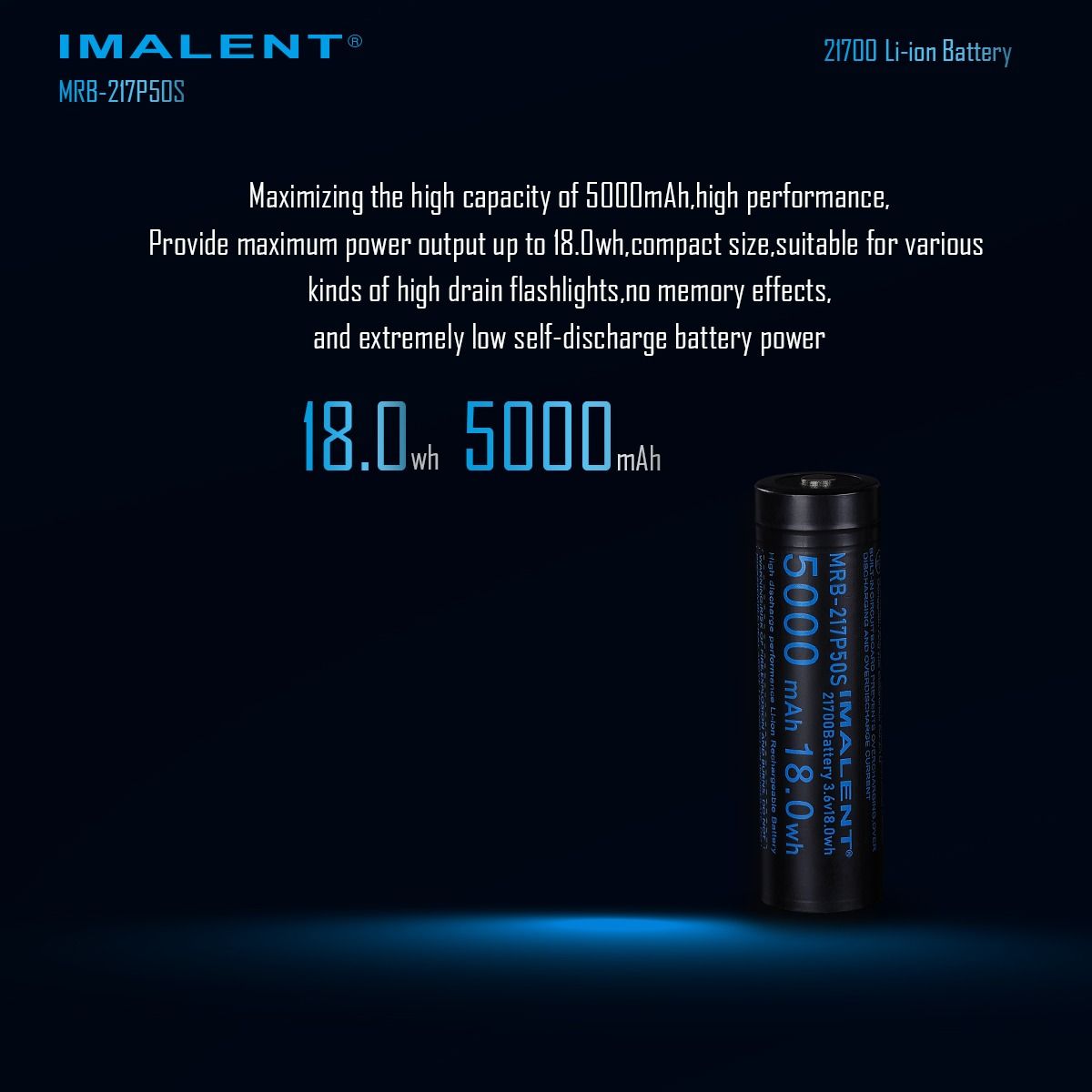 IMALENT MRB-217P50S 21700 Oppladbart Li-ion Batteri 5000mAh 3.6V | Høy Ytelse, Lang Levetid, LED Lommelykt
