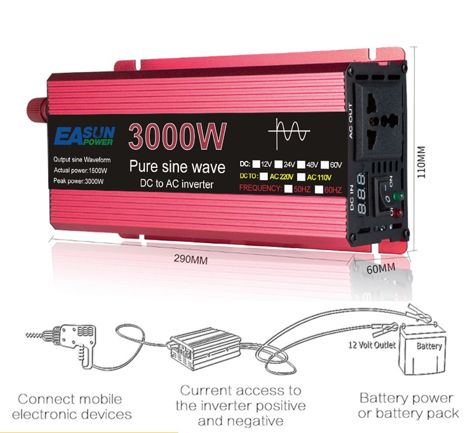 Ren sinusbølge inverter 3000W 2200W 1600W 1000W Holdbart aluminium-magnesium design Høy effektivitet Campingkraft