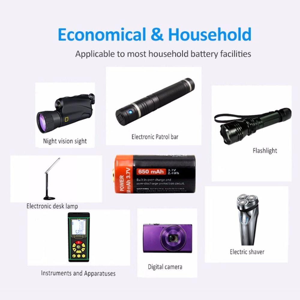 16340 650mAh 3.7V Mikro-USB oppladbart litium-ion-batteri miljøvennlig langvarig for lommelykter og utstyr