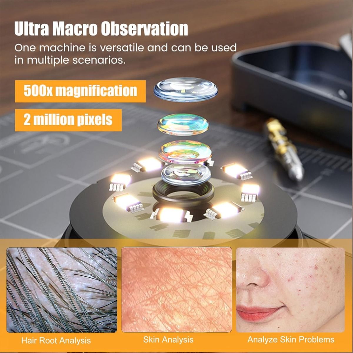 500X Forstørrelse Digitalt Mikroskop 2MP Forstørrelsesglass Elektronikkreparasjon Video Mynter Microscopio Håndholdt Dermatoskop Hudanalysemaskin