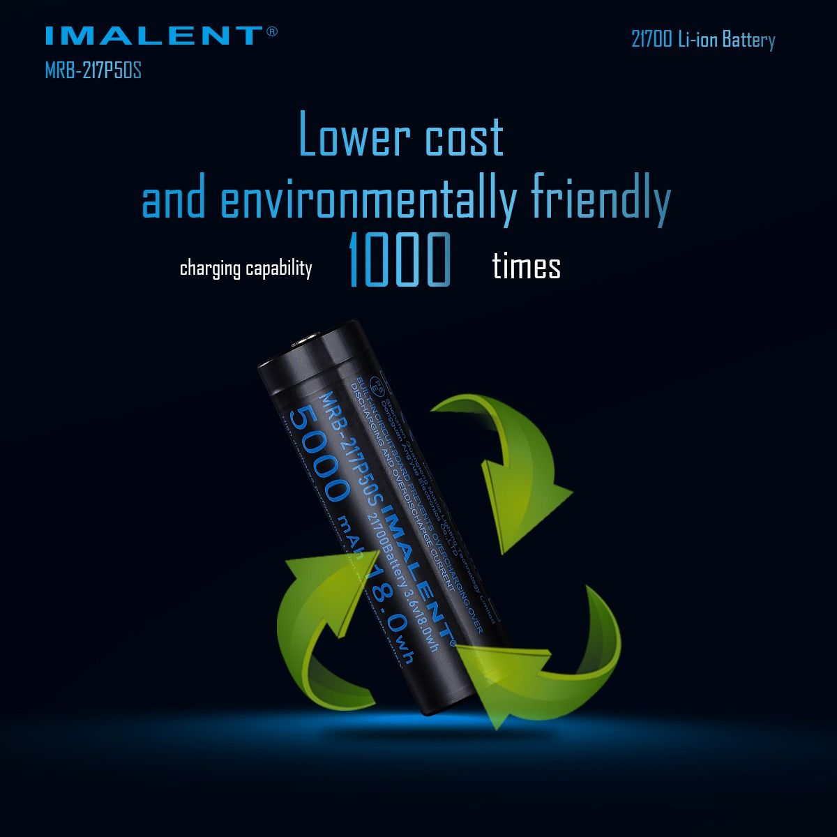 IMALENT MRB-217P50S 21700 Oppladbart Li-ion Batteri 5000mAh 3.6V | Høy Ytelse, Lang Levetid, LED Lommelykt