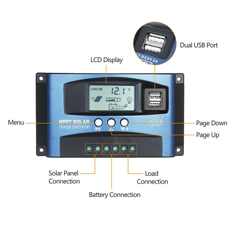 MPPT solcellelader 30A 40A 50A 60A 100A LCD-skjerm Dobbel USB Batterilevetidsforlengelse
