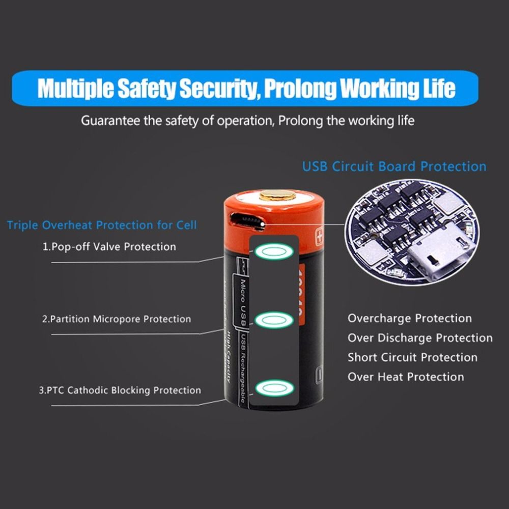 16340 650mAh 3.7V Mikro-USB oppladbart litium-ion-batteri miljøvennlig langvarig for lommelykter og utstyr