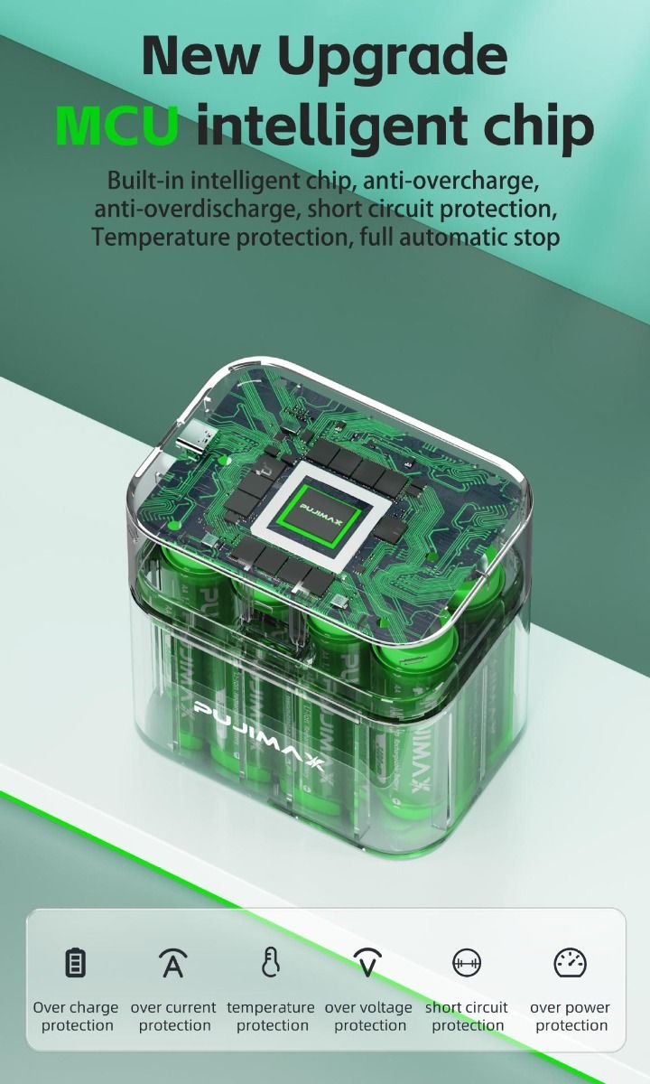 8-spors lader med smart klafflokk og Type-C-port for effektiv lading av AA-litiumbatterier