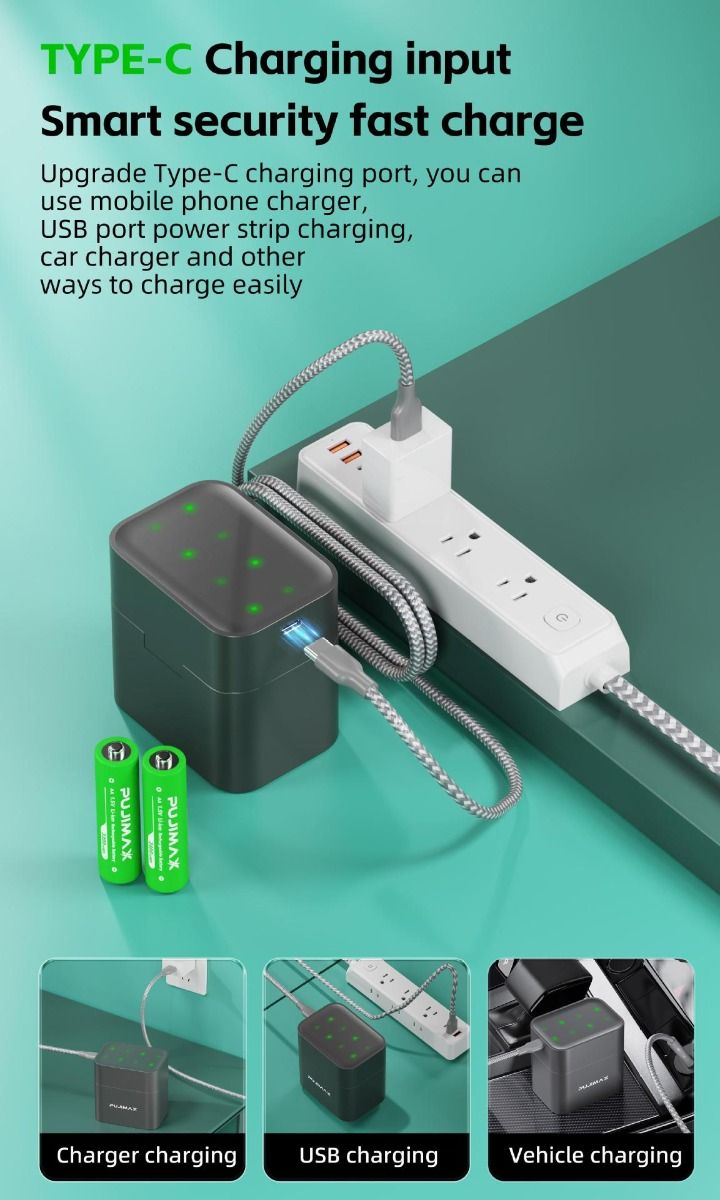 8-spors lader med smart klafflokk og Type-C-port for effektiv lading av AA-litiumbatterier