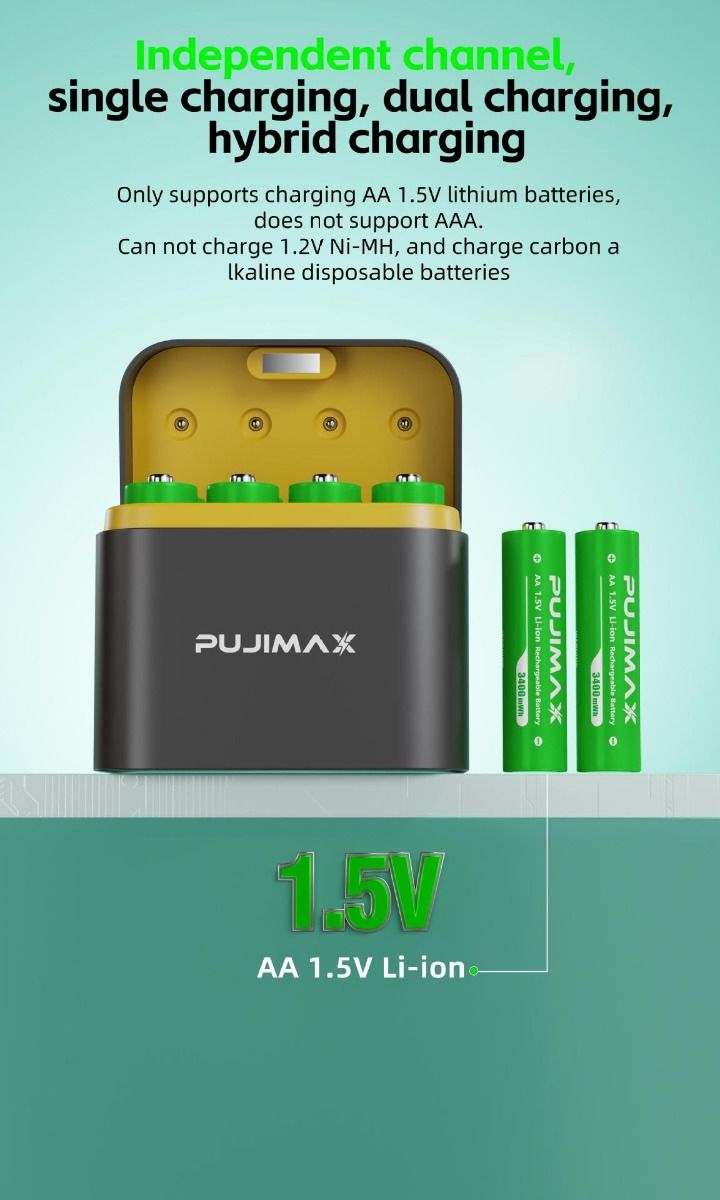8-spors lader med smart klafflokk og Type-C-port for effektiv lading av AA-litiumbatterier