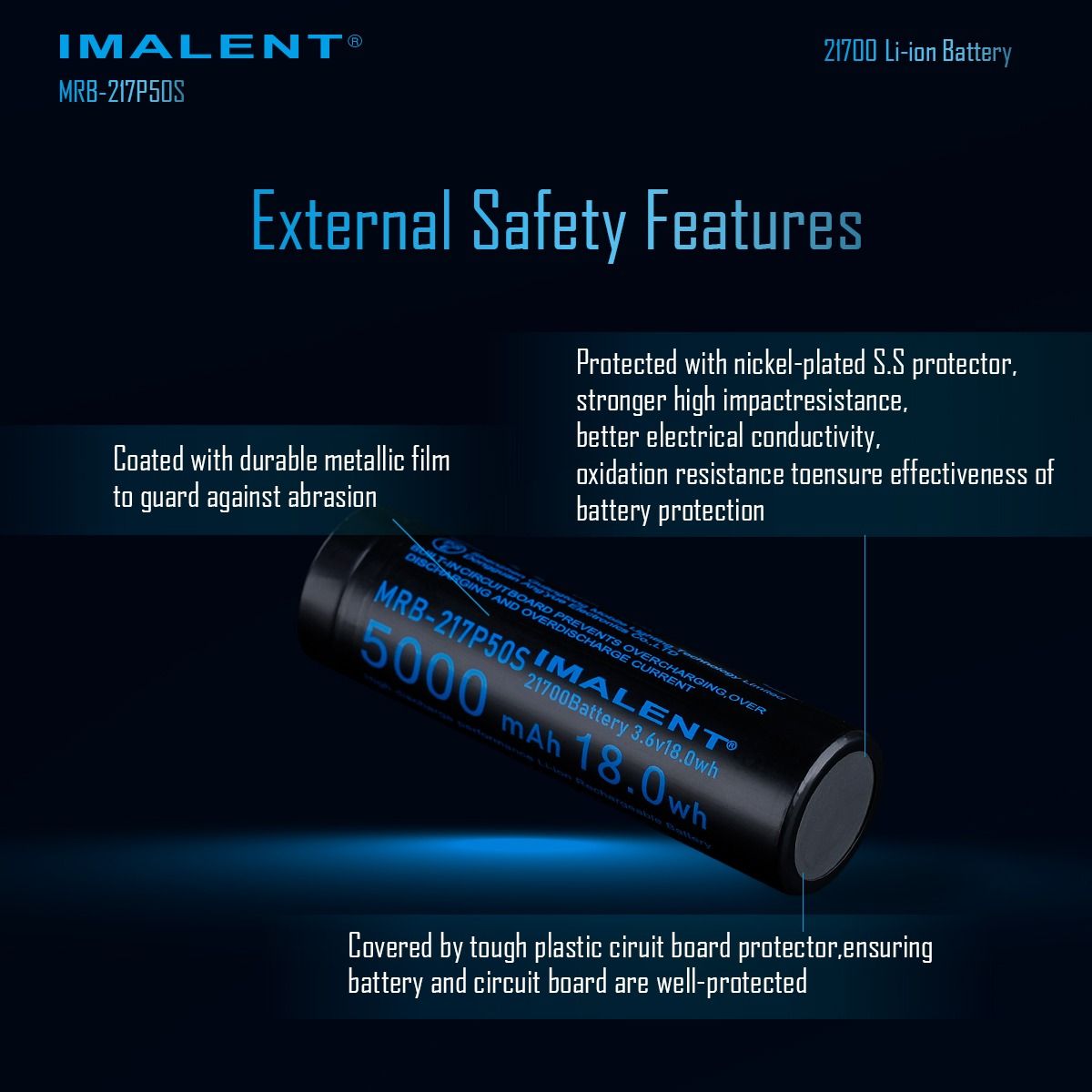 IMALENT MRB-217P50S 21700 Oppladbart Li-ion Batteri 5000mAh 3.6V | Høy Ytelse, Lang Levetid, LED Lommelykt
