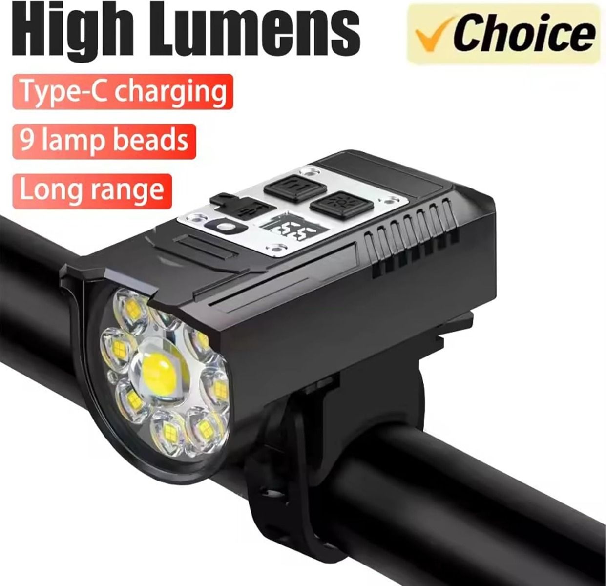 Sykkel frontlys 9 LED, Type-C oppladbar, vanntett sykkellys