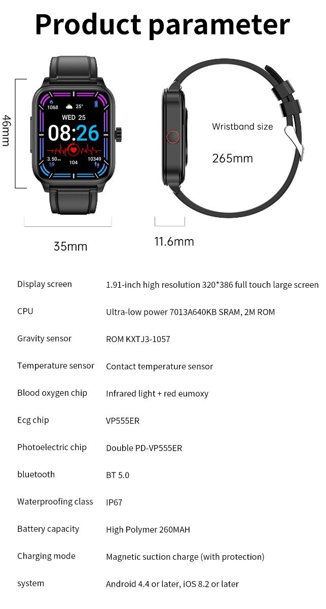 ET540 Blodsukker EKG Kroppstemperatur Blodtrykk Blodoksygen Hjertefrekvens Bluetooth-anrop Smartklokke Treningsmåler