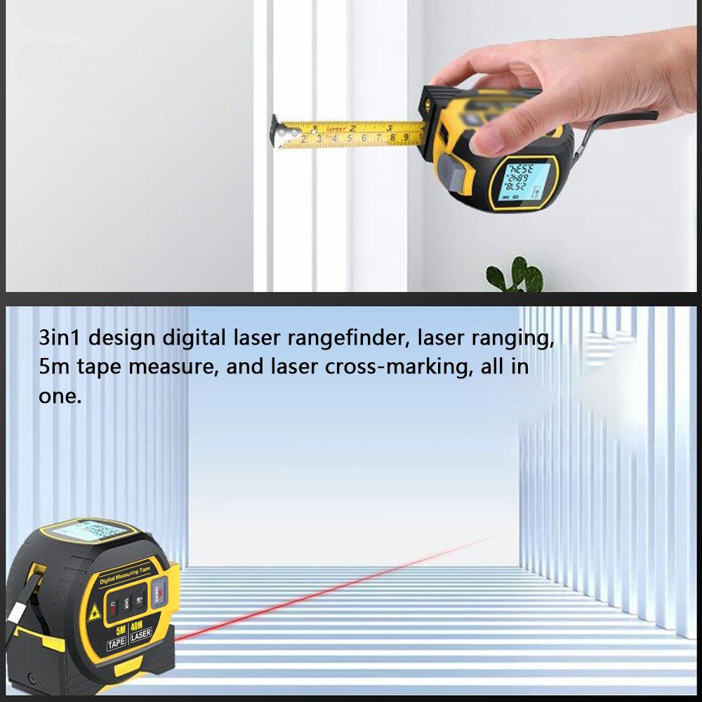 3 i 1 Laseravstandsmåler Målebånd med LCD-skjerm Baklys for Arkitekter Oppussing Verktøy