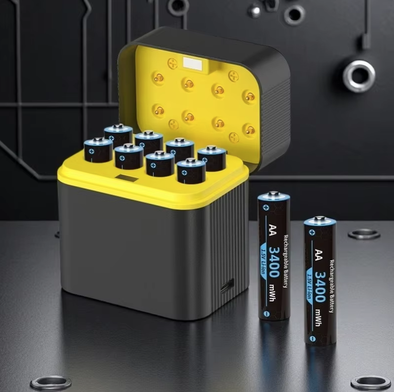 Oppladbare AA-batterier litium med lader,8 Pack 1.5V 3000mWh AA-batteri oppladbart,Langvarige Pilas Recargables litium-ion AA-batteri med ladeoppbevaringsboks