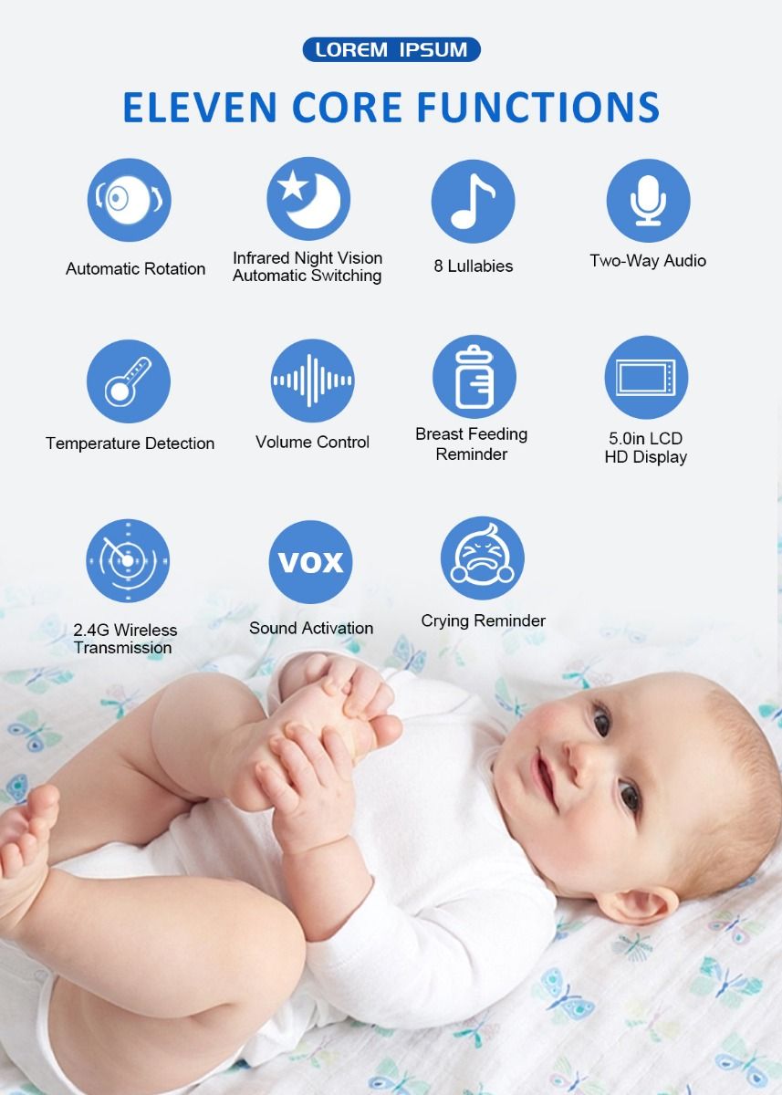 ABM501 Videobabymonitor 2.4G trådløs 5.0 tommer LCD nattsyn toveislyd for familiesikkerhet