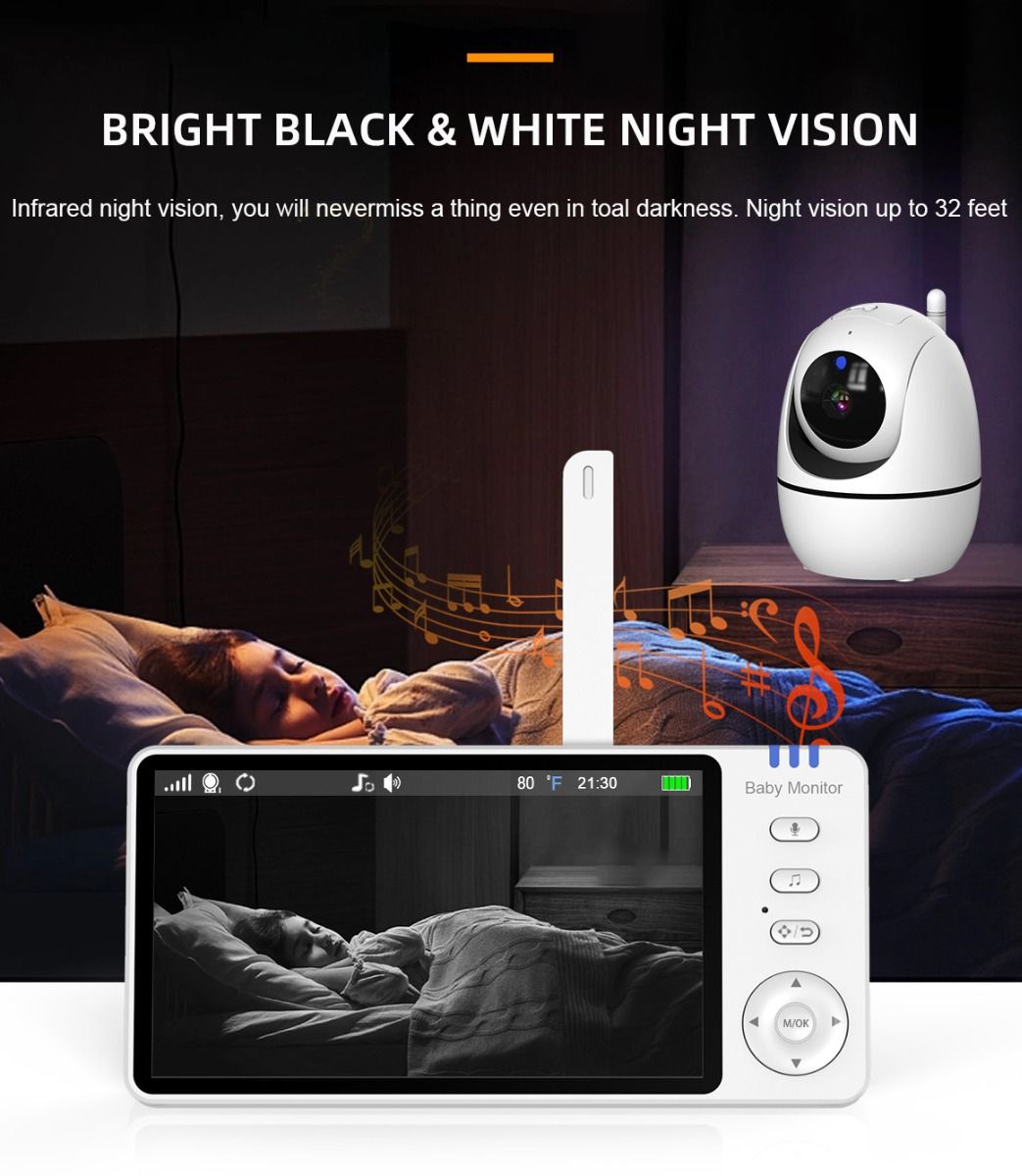 ABM501 Videobabymonitor 2.4G trådløs 5.0 tommer LCD nattsyn toveislyd for familiesikkerhet