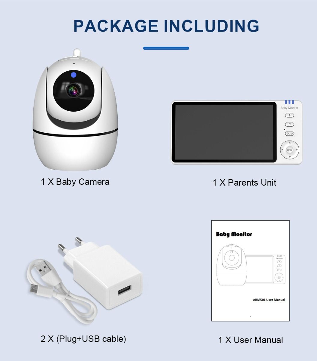 ABM501 Videobabymonitor 2.4G trådløs 5.0 tommer LCD nattsyn toveislyd for familiesikkerhet
