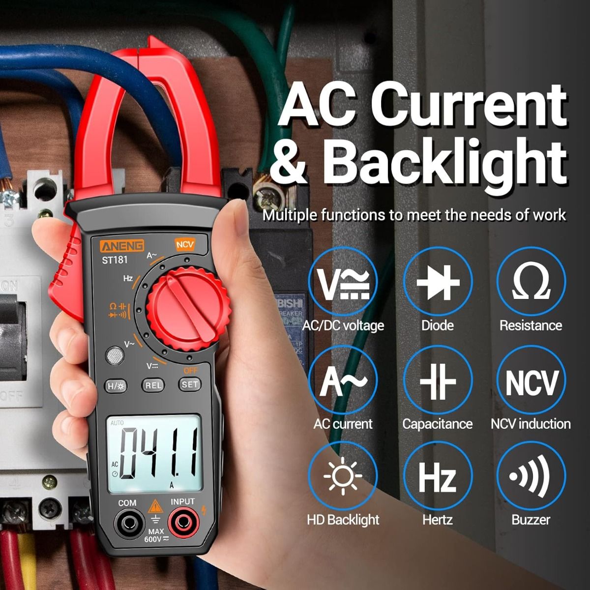 ANENG ST180 Digitalt Tangamperemeter Multimeter Tester 4000 tellinger med NCV Amp Ohm Volt måler AC-strøm, AC/DC-spenning, kapasitans, motstand, dioder, kontinuitet, frekvens, bakgrunnsbelysning elektrikerverktøy