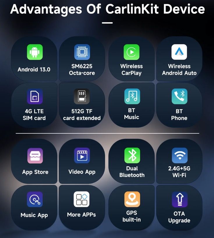 CarlinKit Smart TV-boks med Android 13 Kablet til trådløs CarPlay Ai-boks YouTube Netflix Qualcomm 8-kjerner