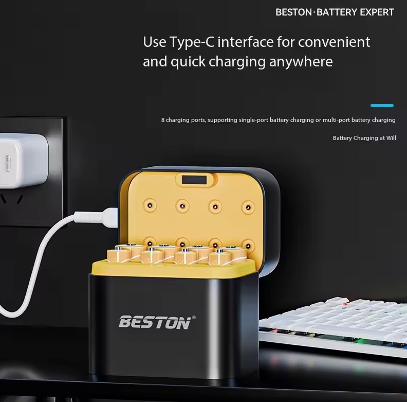 Beston Smart Batterilader 8 Spor AA med 3600mWh 1,5V Oppladbart Litiumbatteri Hurtiglading Batteriladersett
