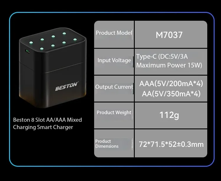 Beston Smart Batterilader 8 Spor AA med 3600mWh 1,5V Oppladbart Litiumbatteri Hurtiglading Batteriladersett