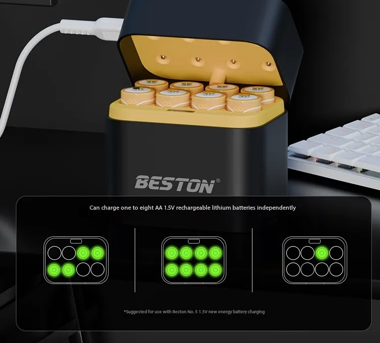 Beston Smart Batterilader 8 Spor AA med 3600mWh 1,5V Oppladbart Litiumbatteri Hurtiglading Batteriladersett