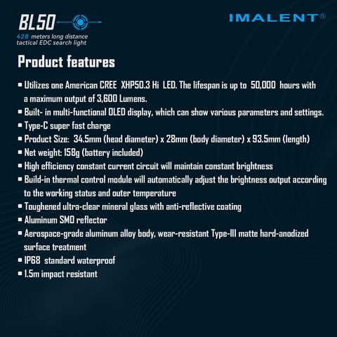 IMALENT BL50 3600 Lumens EDC Lommelykt Kompakt Type-C Oppladbar med OLED-skjerm for Utendørseventyr