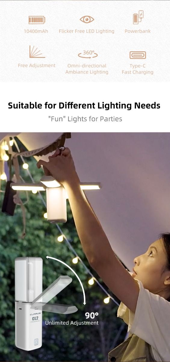 Klarus CL2 750 lumen fritt foldbar campinglampe, bærbar, øyevennlig, allsidig lampe med 7 lysmoduser